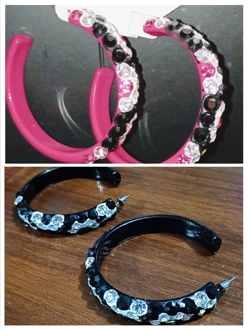 Pink & Black Hoop Earrings with Black and Clear Rhinestones
